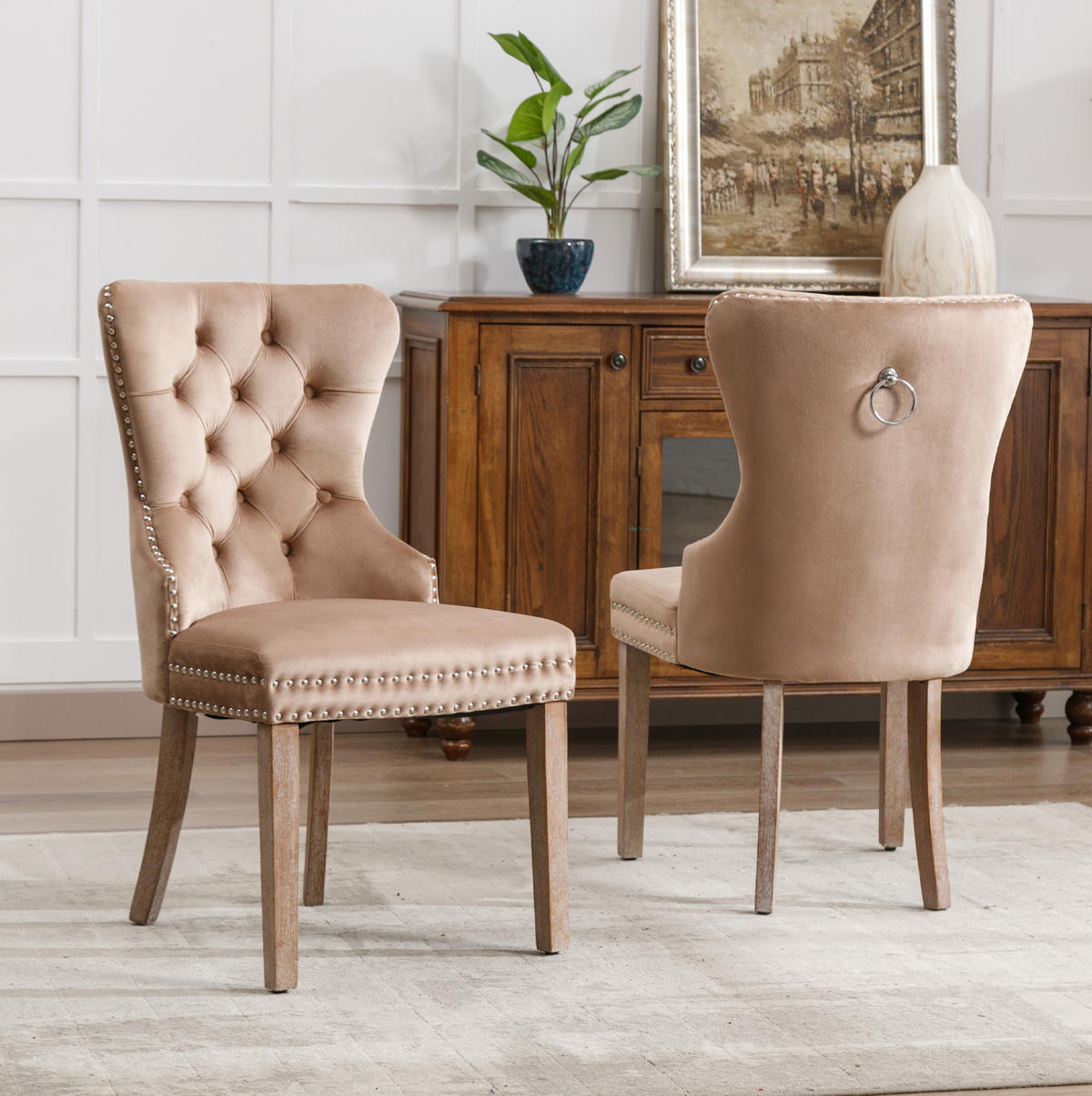 POLSTERSTUHL 2er-Set Samt mit Nagelkopfbesatz und Massivholzbeinen Light Coffee - Braun, Holz (46.5/95/53cm) - Meubliv