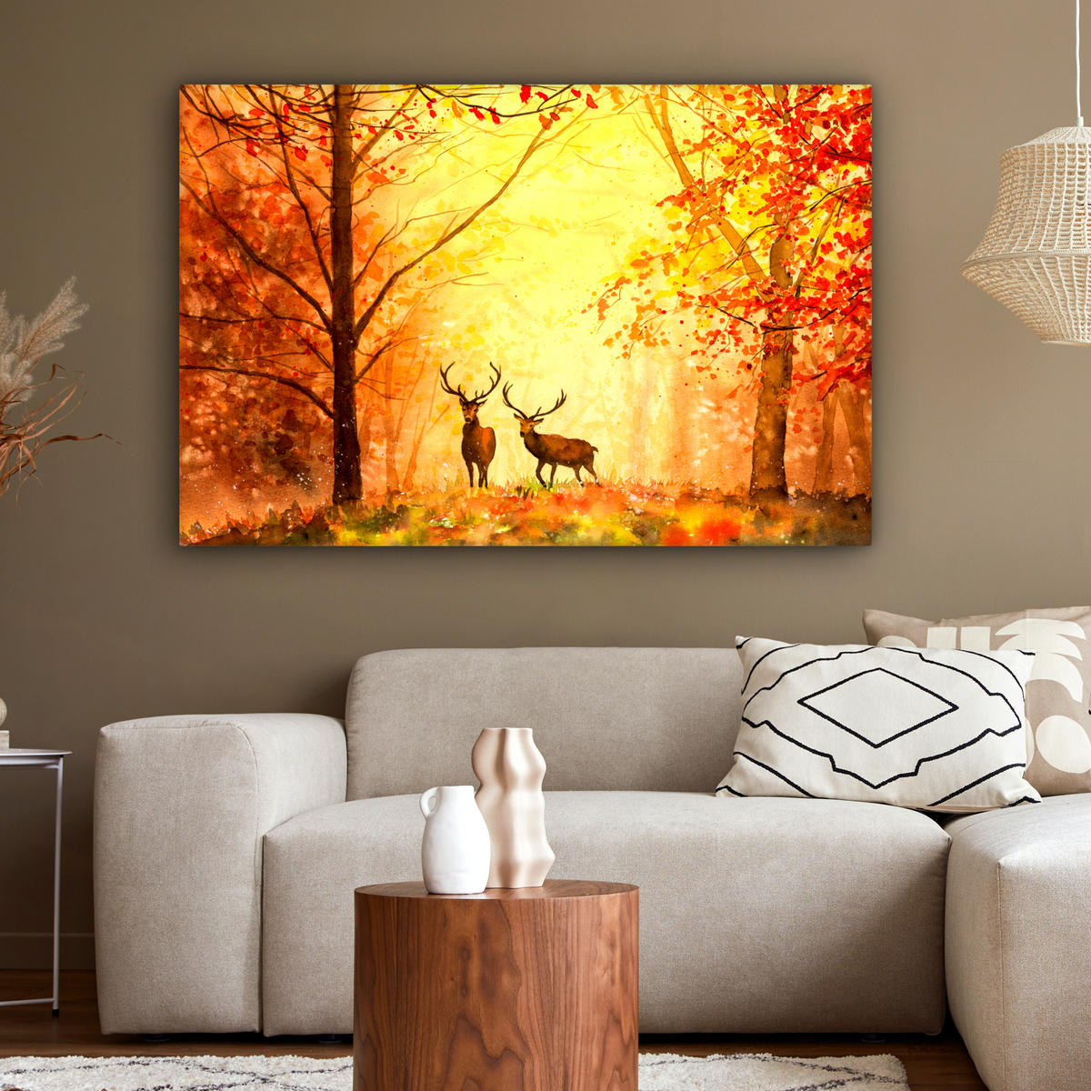 LEINWANDBILD Natur - Ölfarbe - Hirsche - Tiere - Herbst - Orange XXL 150x100 cm - Orange, Textil (150/100cm) - MuchoWow