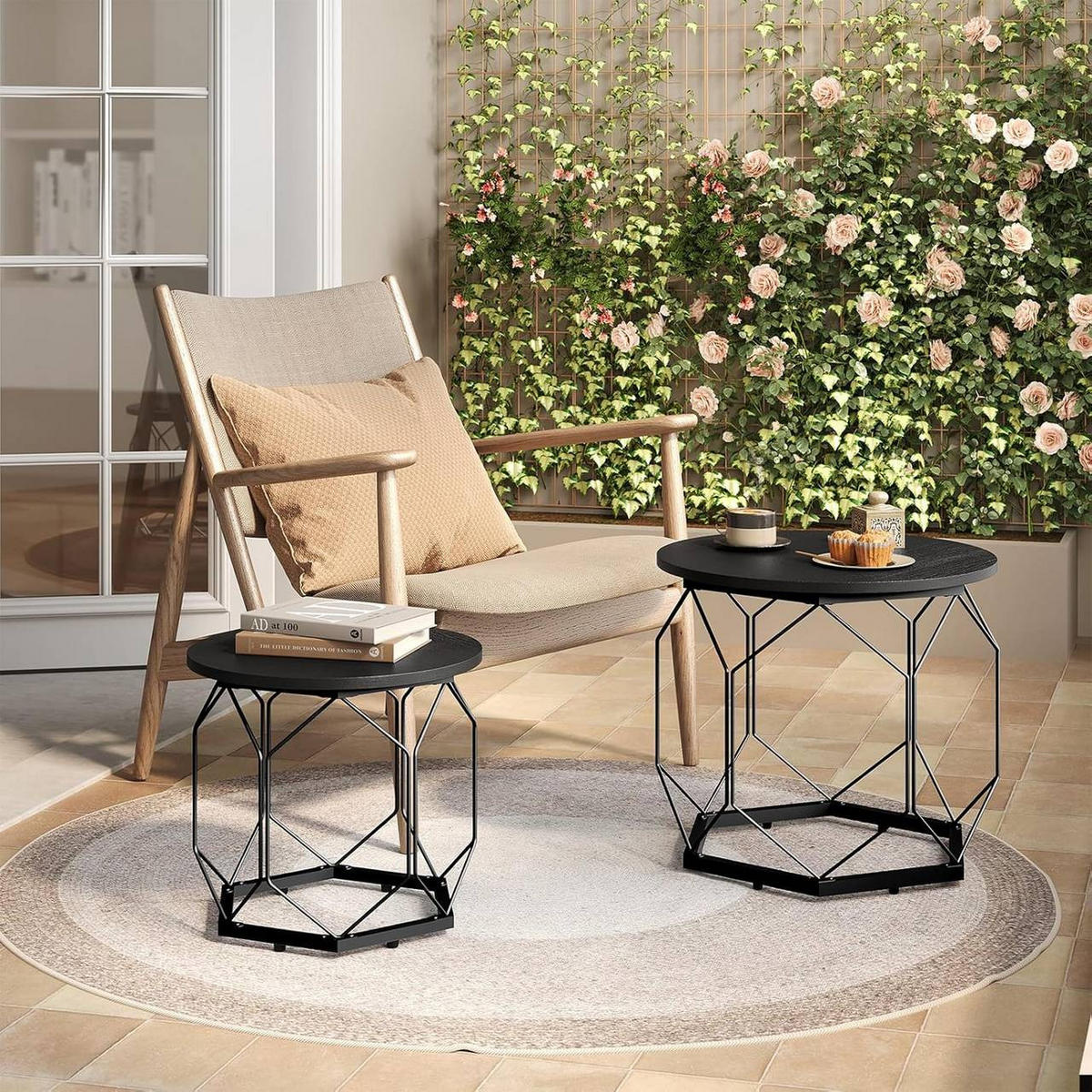 COUCHTISCH 2er Set, rund, Schwarze Holzoptik - Schwarz, Holzwerkstoff/Metall (50/50/45cm) - Woltu