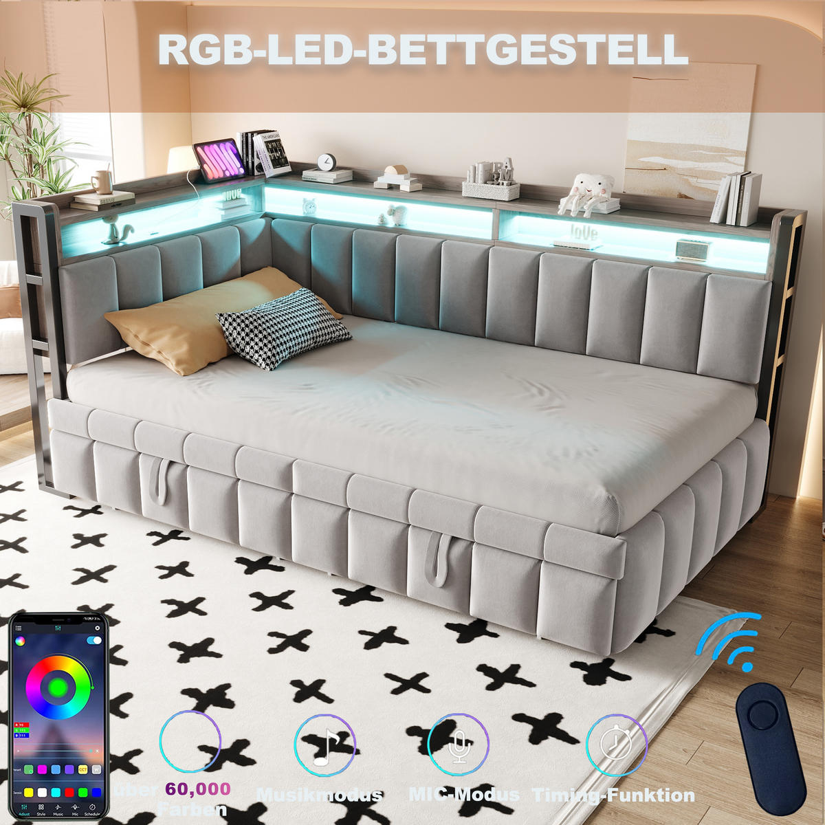 SCHLAFSOFA 90/200 cm & 90/190 cm in Hellgrau Samt mit LED, USB und Ablage - Hellgrau, Holzwerkstoff/Textil (90/200cm) - WISHDOR