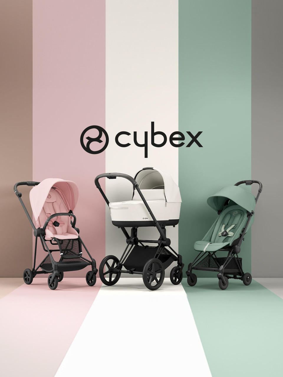 3 Kinderwagen und im hintergrund 3 bunte streifen