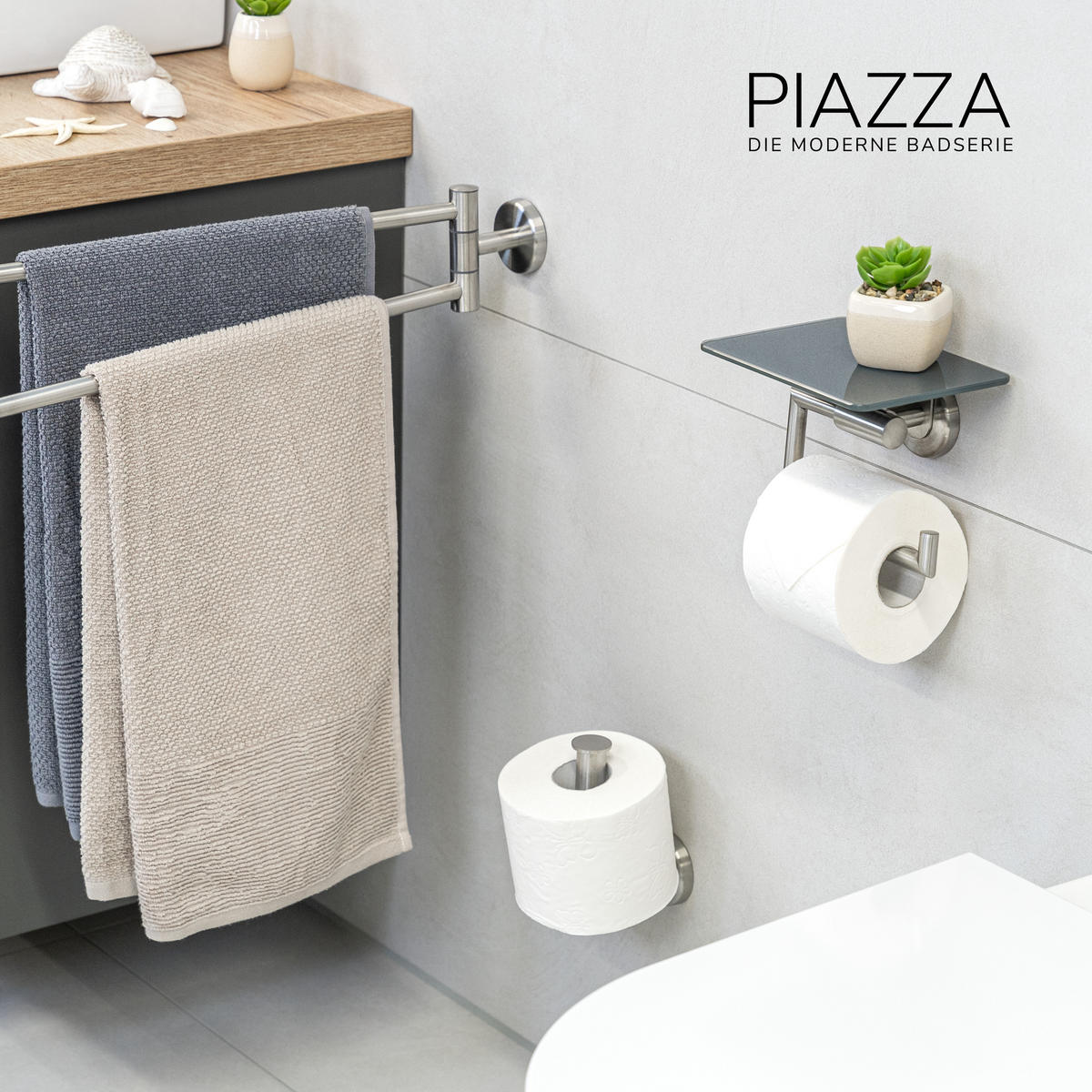TOILETTENPAPIERHALTER PIAZZA mit Glasablage, Edelstahl - Grau, Metall (17/13.4/13.5cm) - bremermann