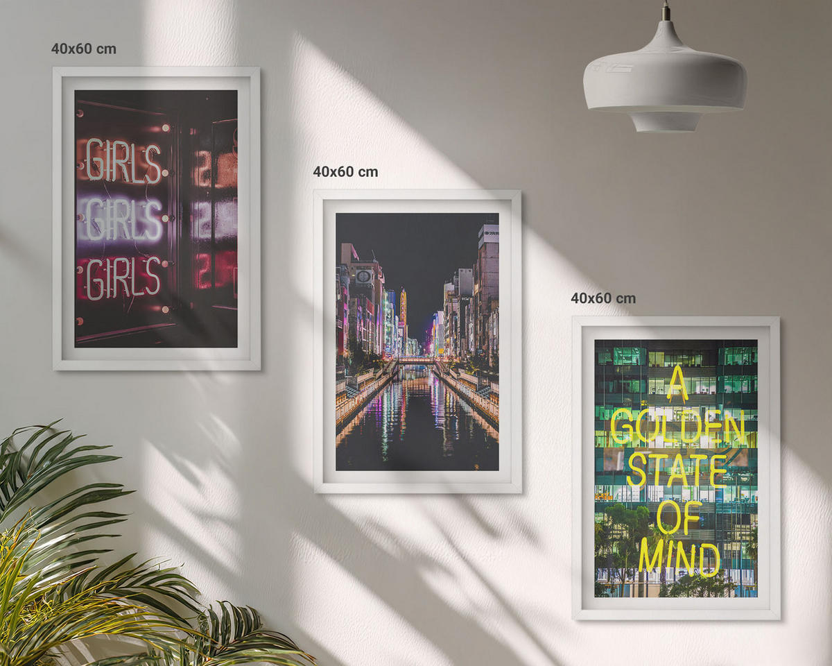 WANDBILDER 3er-Set - 40x60 cm Weißer Rahmen - Neonlichter am Fluss bei Nacht - Weiß, Kunststoff (40/60cm) - ArtPrintCave