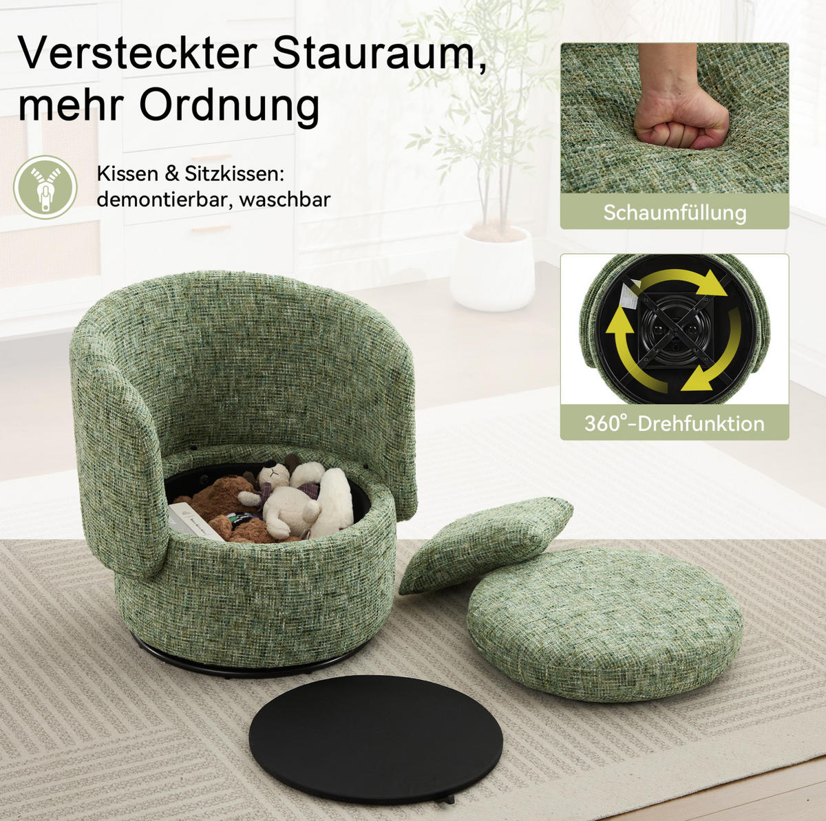 DREHSESSEL Chenille mit verstecktem Stauraum 72/66.5/76 cm Grün - Grün, Textil (66.5/76/72cm) - Redom