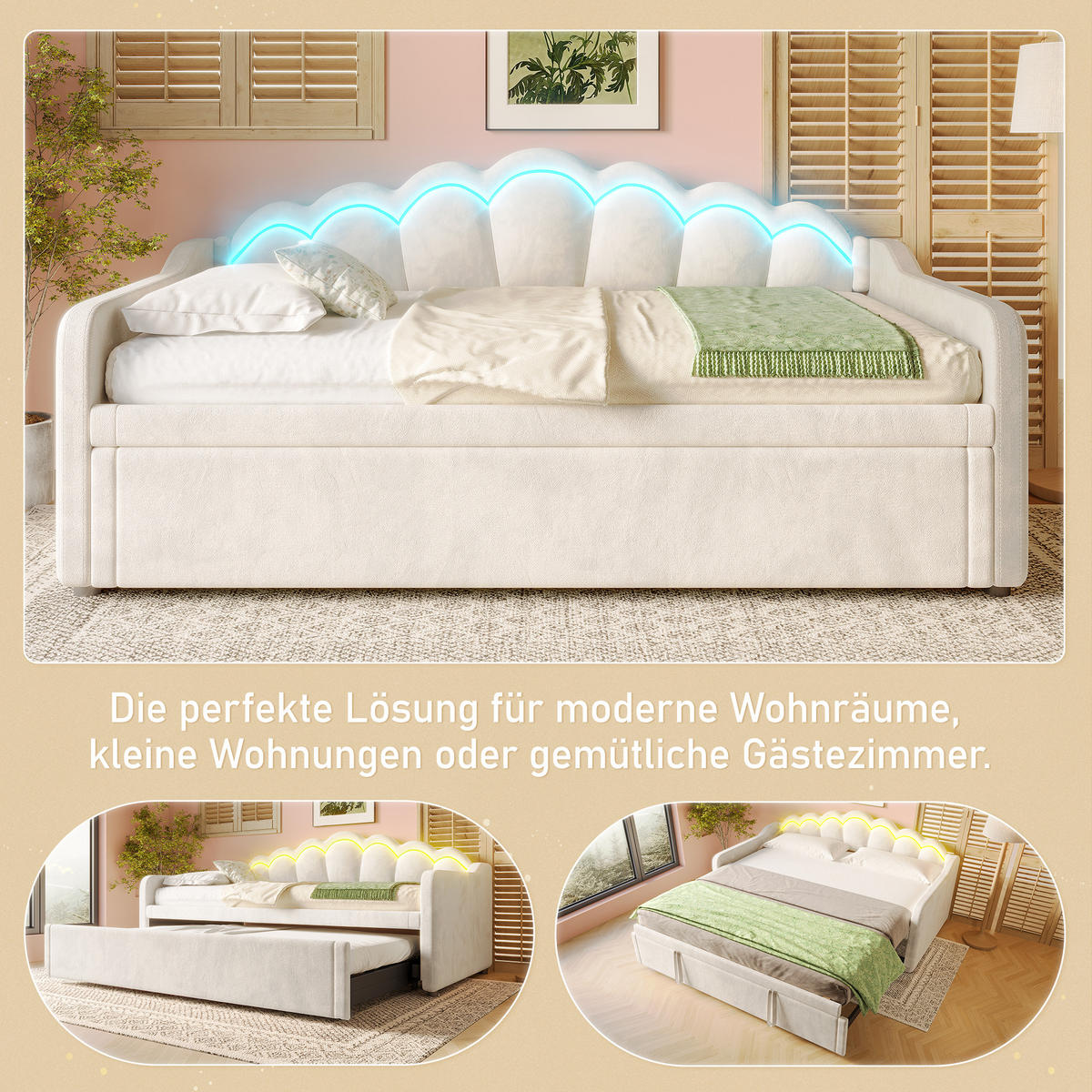 TAGEBETT 90x200cm + 180x200cm Beige Samt Ausziehbett LED-Streifen - Beige, Holz (180/200cm) - FLIEKS
