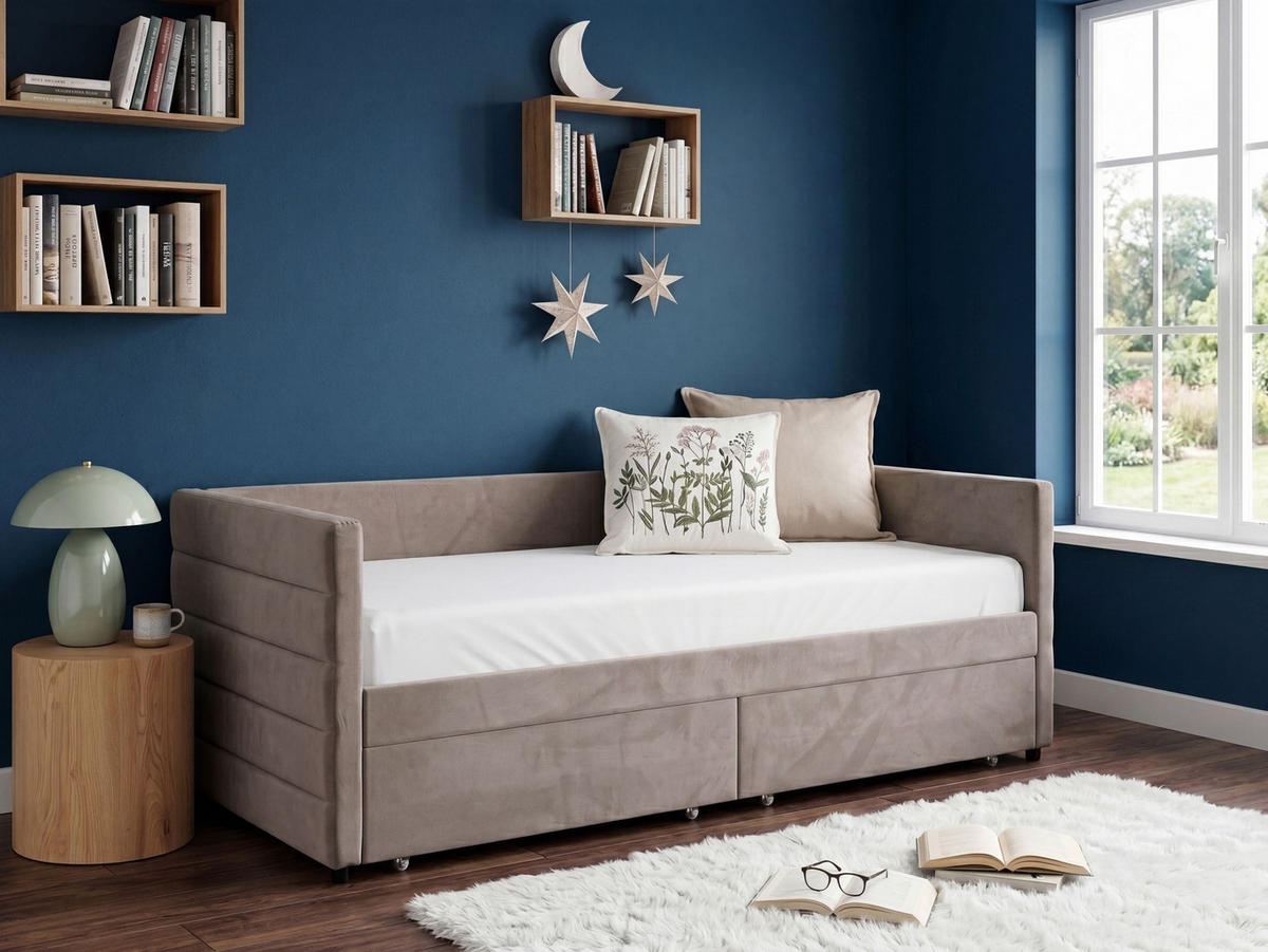 TAGESBETT mit Stauraum 90/200 Samtstoff Hellgrau Marray - Hellgrau, Textil (90/200cm) - Beliani