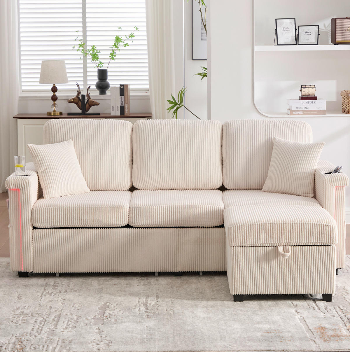 SOFA mit LED und USB/Type-C 194 x 73 x 81 cm Corduroy Beige - Beige, Kunststoff (194/81/73cm) - Meubliv