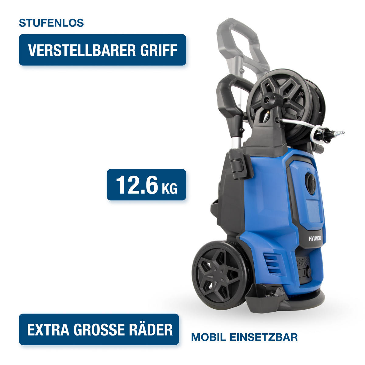 ELEKTRO-HOCHDRUCKREINIGER HPW2000CE (2000W, 160bar, 450 l/h, Schlauchtrommel, Blau) - Blau, Kunststoff (32/93/36cm) - HYUNDAI