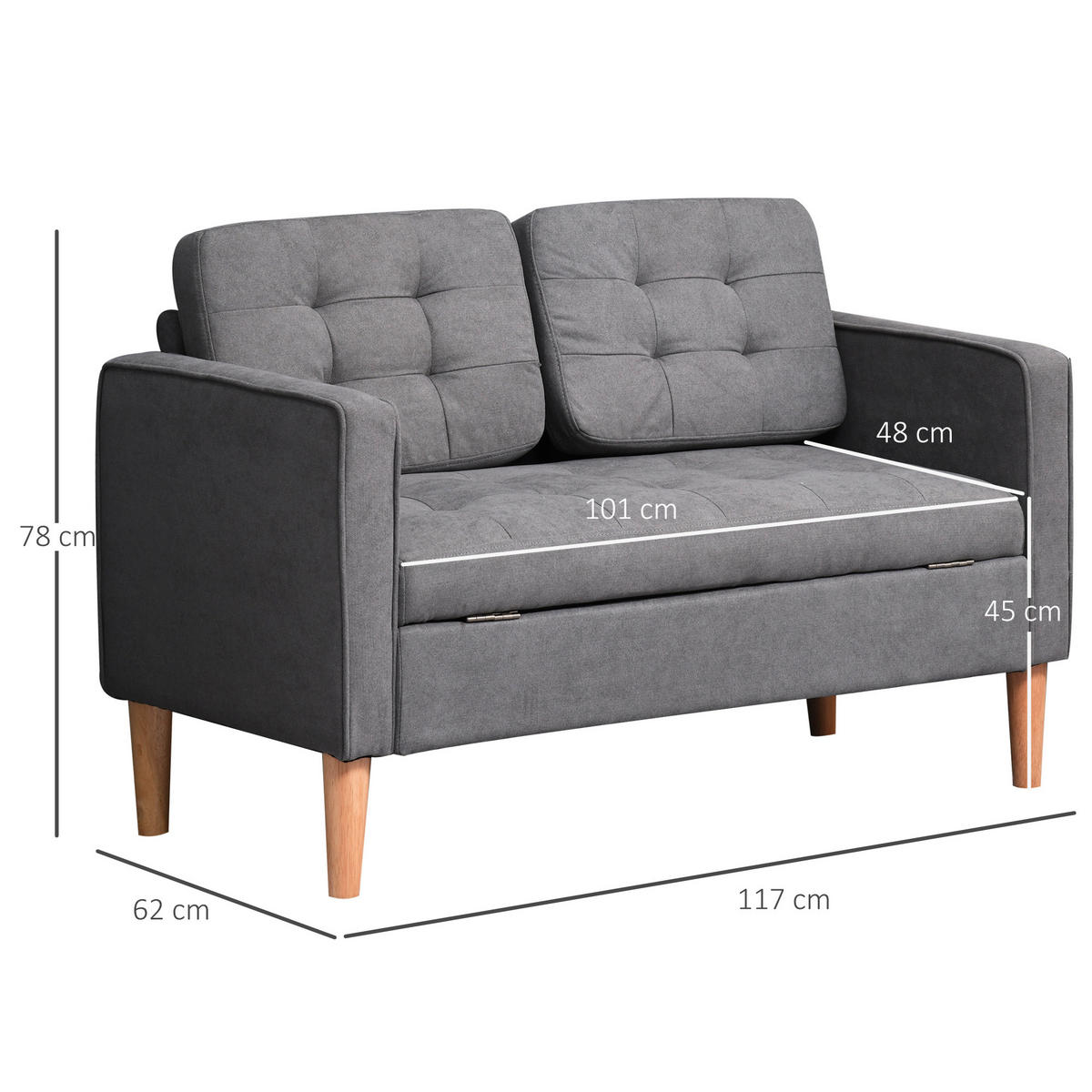 2-SITZER Sofa Stoffsofa Doppelsofa abnehmbar mit Kissen Gummiholz Baumwoll Grau - Naturfarben/Grau, Holz/Textil (62/78/117cm) - HOMCOM