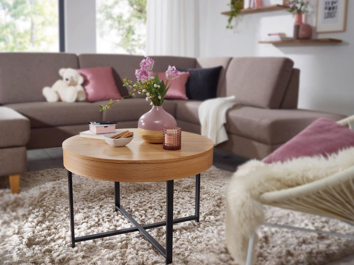 COUCHTISCH in Holzoptik mit Metallbeinen, Rund, Stauraumfunktion, Maße 69x49x69 cm - Schwarz/Braun, Holz/Metall (69/69/49cm) - KADIMA DESIGN