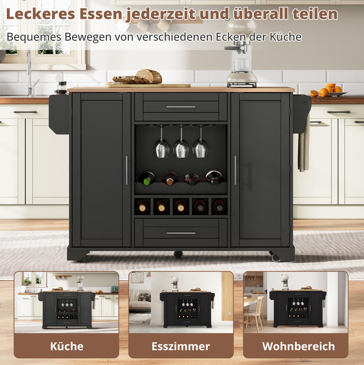KÜCHENINSELWAGEN 138x70x92cm Schwarz mit Schubladen & 5 Rollen - Schwarz, Holzwerkstoff (138/92/70cm) - Modfu