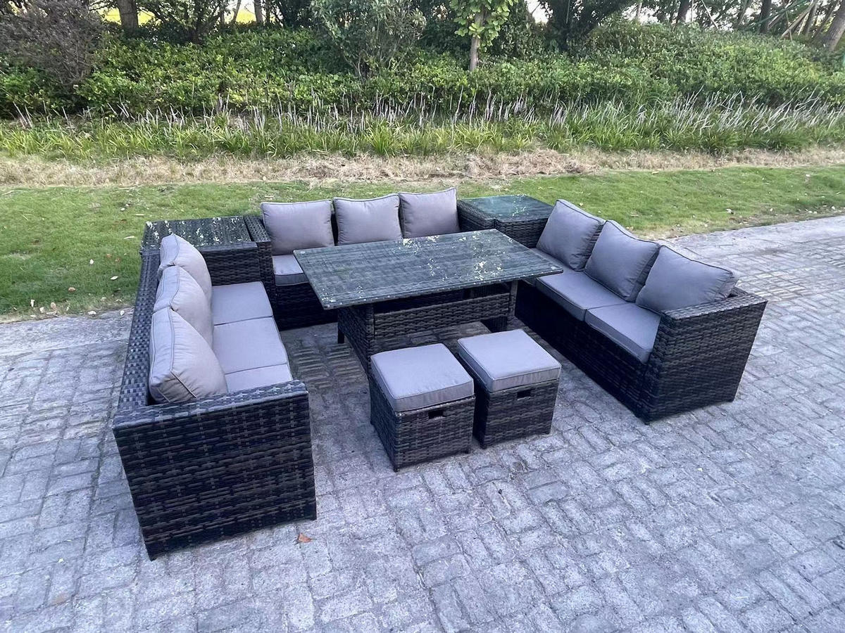 GARTENMÖBEL SET mit Beistelltisch,Hockern Polyrattan 11-Sitzer - Dunkelgrau/Grau, Glas/Kunststoff - Fimous