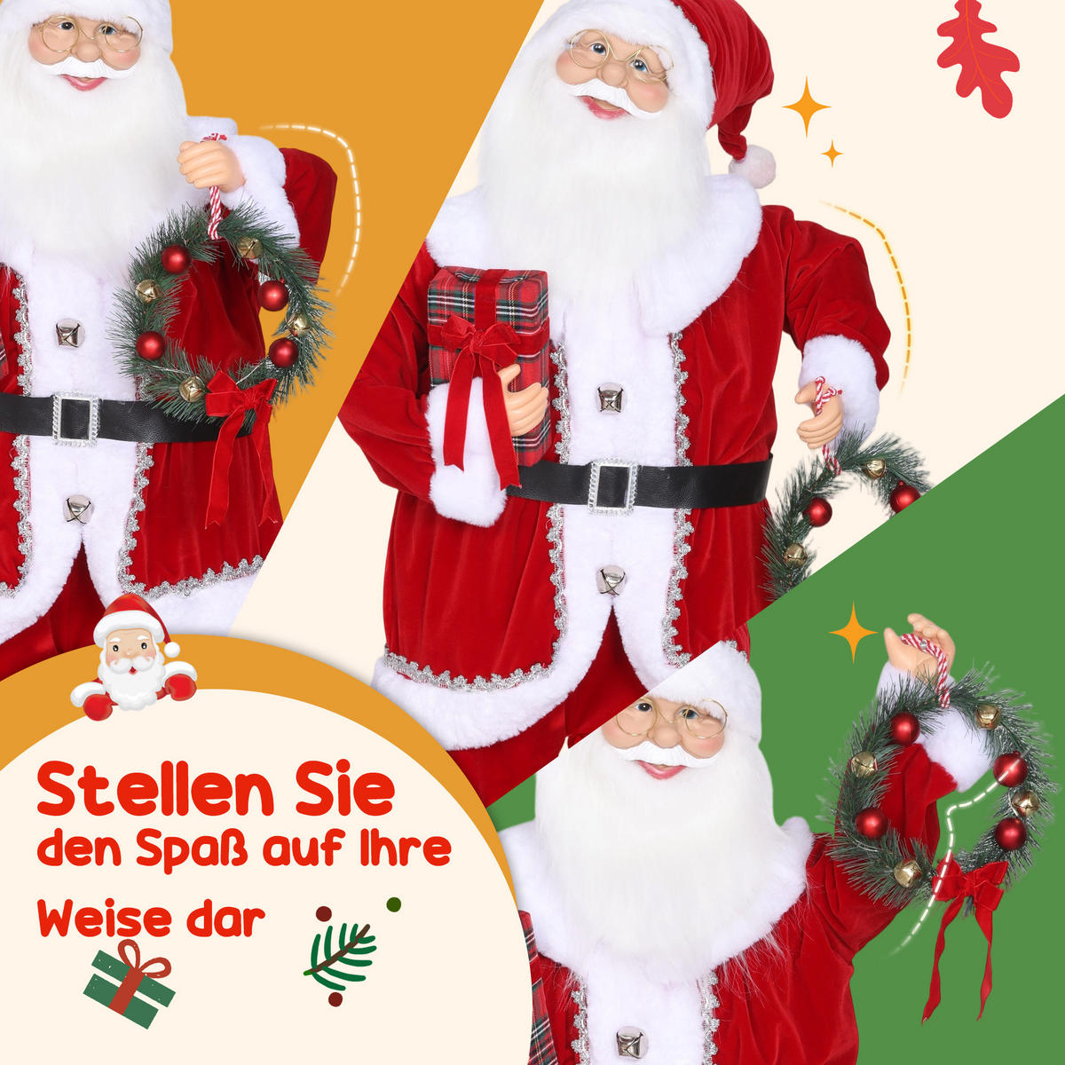 WEIHNACHTSMANN, Weihnachts-Dekoration, mit Geschenk & Weihnachtskranz, Rot - Rot, Textil (25/120/50cm) - HOMCOM