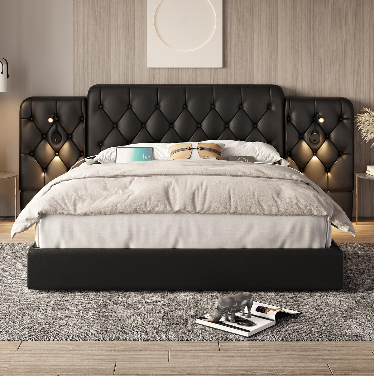 BETT mit Stauraum und USB 160x200 cm PU-Leder Schwarz - Schwarz, Metall (160/200cm) - Meubliv