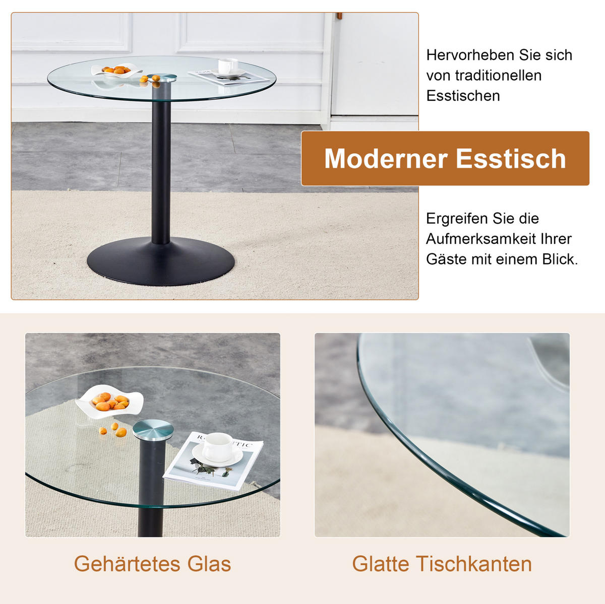ESSTISCH-SET rund 85 cm mit 4 Stühlen Schwarz/Dunkelgrau - Multicolor, Metall (85/76/85cm) - Meubliv