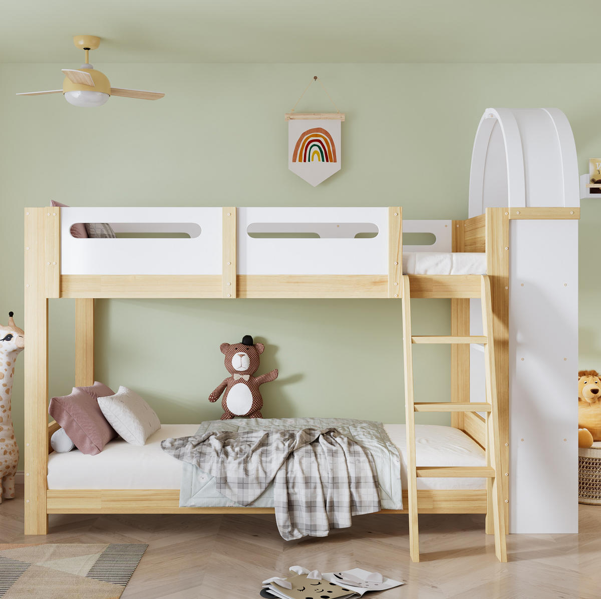 HAUSBETT 90/200 cm Weiß/Natur mit Regal und Bettgitter - Naturfarben, Holzwerkstoff (90/200cm) - Flora Grace