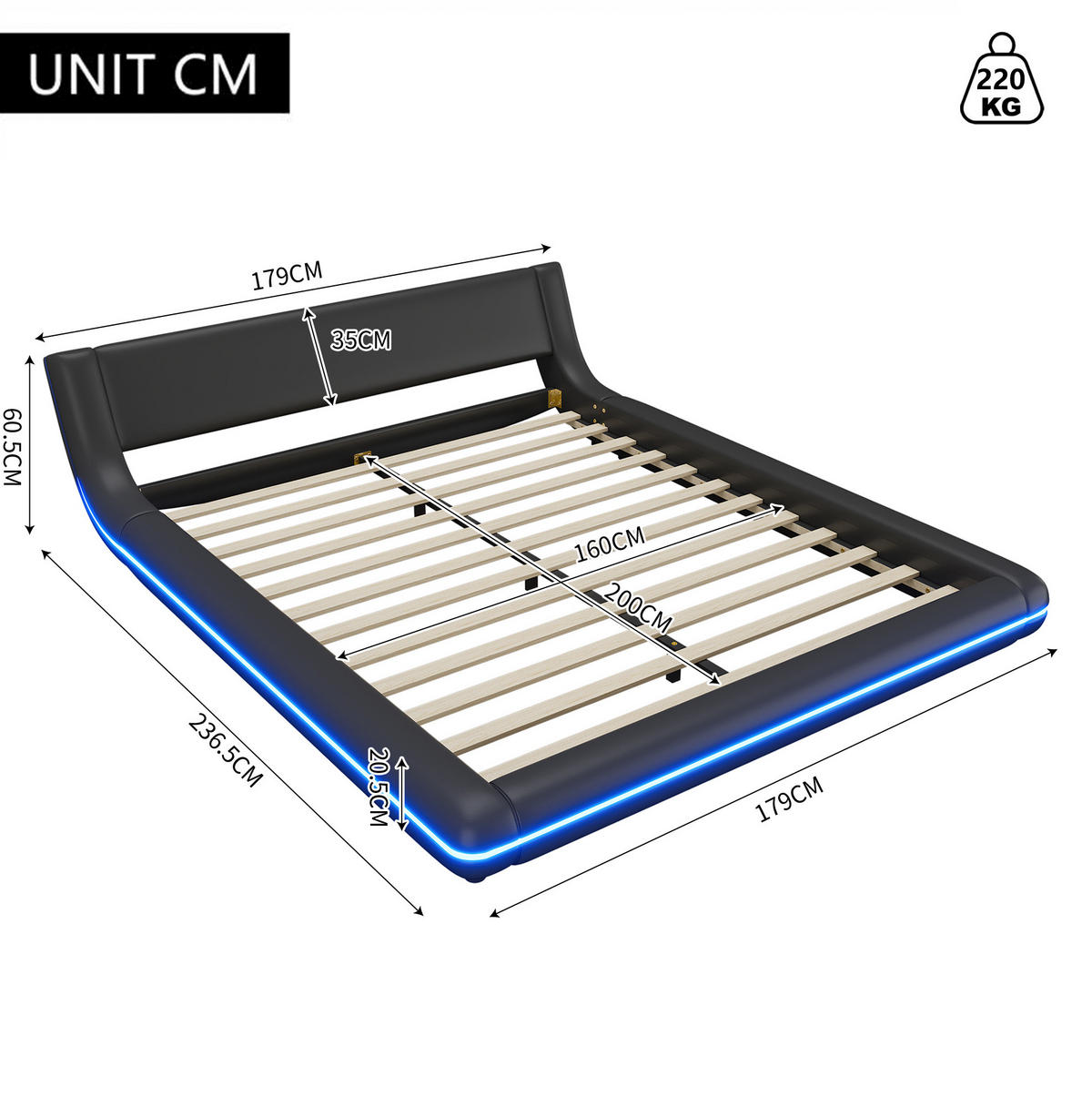 KREVET 160/200 cm s LED ambijentalnim osvjetljenjem i PU presvlakom, lako održavanje, Crna - crna, koža (160/200cm) - Redom
