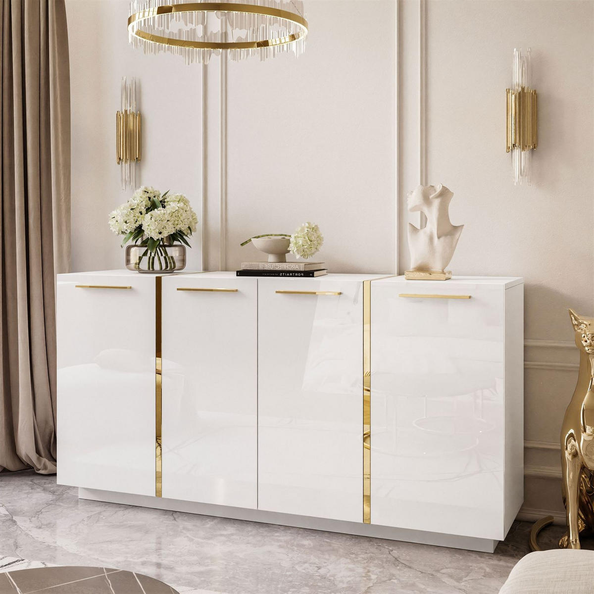 KOMMODE ONYX 4T 158 CM LUXURIÖSE KOMMODE MIT HOCHGLANZ FÜR DAS WOHNZIMMER - Goldfarben/Weiß, Holzwerkstoff (158/81/41cm) - Lookway
