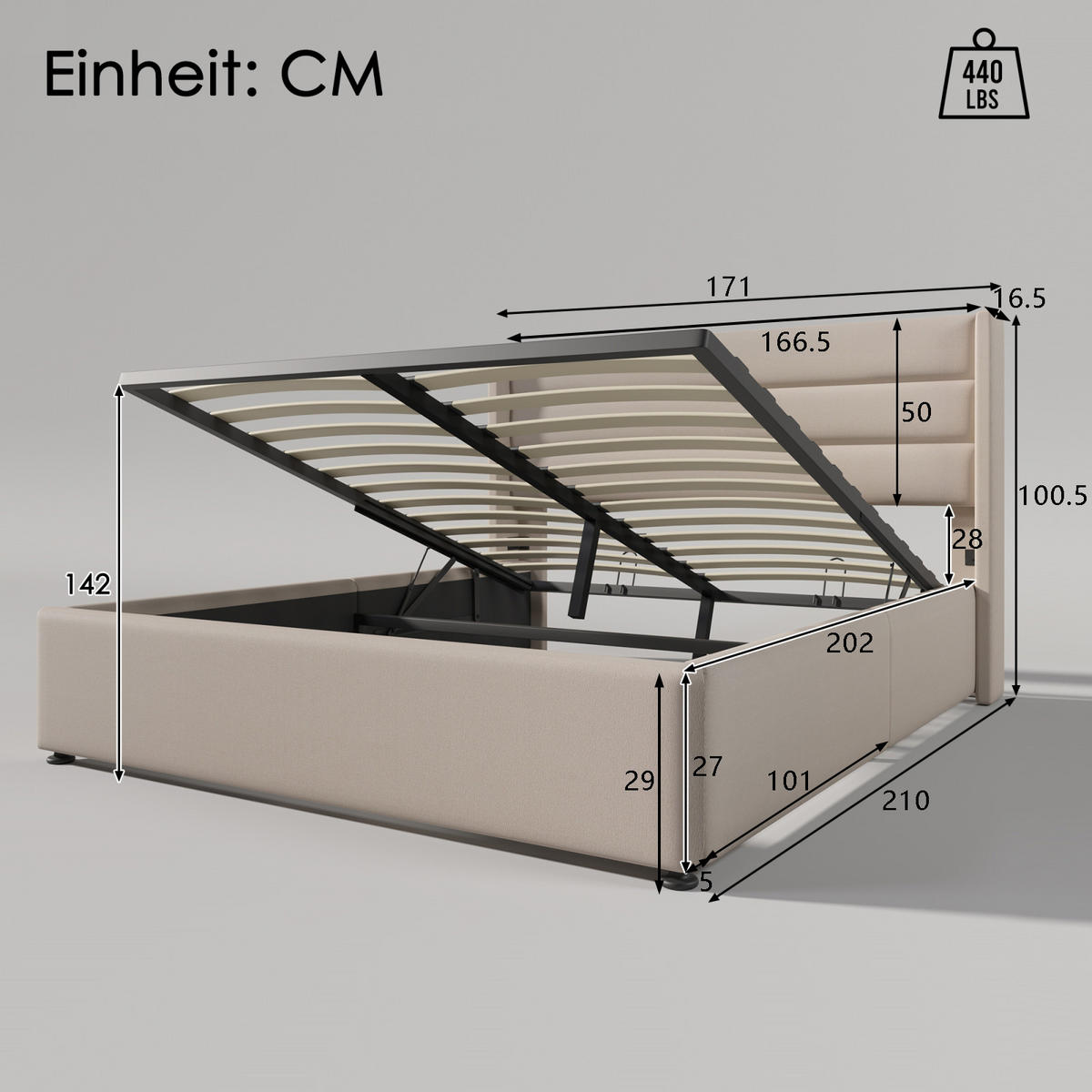 POLSTERBETT 160x200 cm Hydraulik Lattenrost Leinen beige - Beige, Holz (160/200cm) - LEBENLANG
