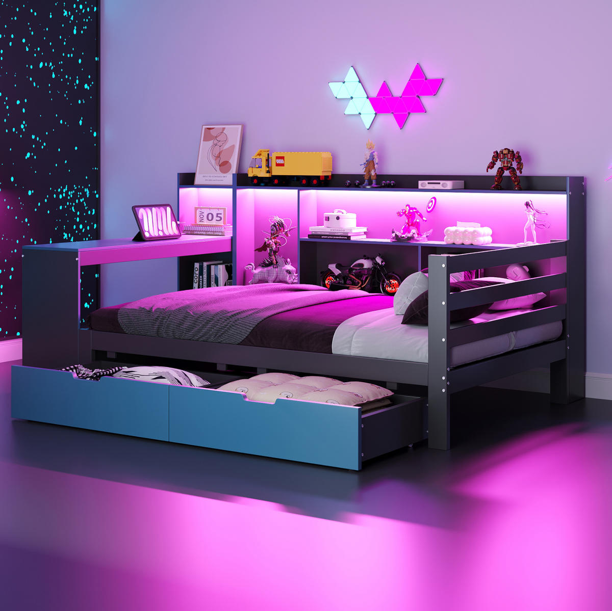 POLSTERBETT 90/200 cm mit Schreibtisch, Regalen, LED und USB-Steckdosen, Schwarz/Blau - Schwarz, Holzwerkstoff (90/200cm) - Redom