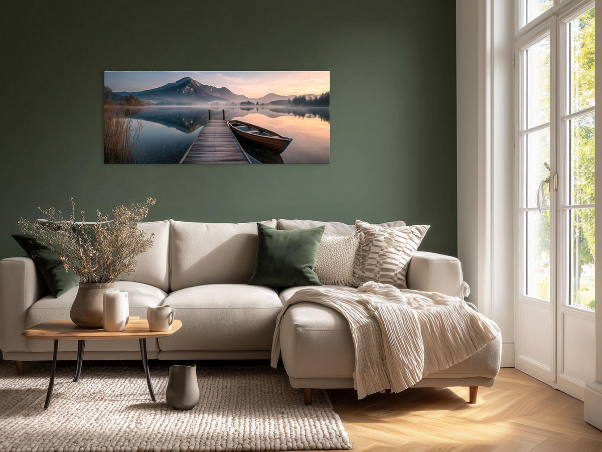 GLASBILD 125x50 cm Landschaft Berge See - Beige, Glas (125/50cm) - artissimo