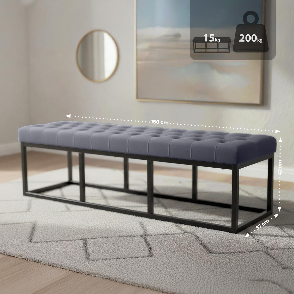 SITZBANK 150/37 cm Samt Grau - Schwarz/Grau, Textil/Metall (150/42/37cm) - CLP