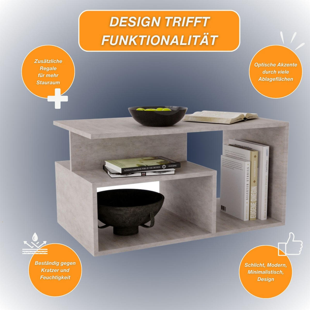 COUCHTISCH Holzwerkstoff rechteckig stabil Beton-Grau 44/50/90cm - Grau, Holzwerkstoff (50/90/44cm) - CraftPAK