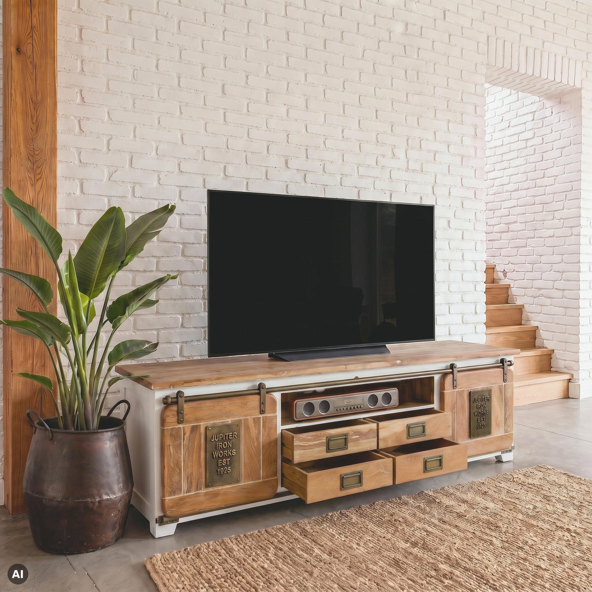 TV-BOARD Mango 200x55x55 weiß lackiert RAILWAY #314 - Weiß, Holz (200/55/55cm) - Massivmoebel24