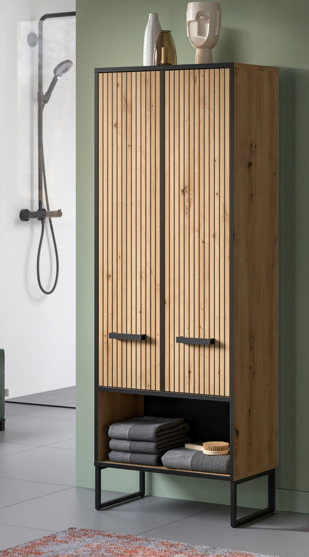 HOCHSCHRANK Eiche Artisan, schwarz 59 cm, Badezimmer Schrank mit Soft-Close - Schwarz/Eiche Artisan, Holzwerkstoff/Kunststoff (59/159/32cm) - Inn.Furn