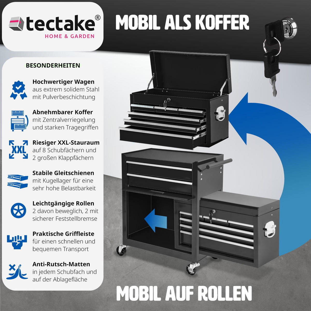 WERKZEUGWAGEN ,Rollen Ø 100 mm,schwarz - Schwarz, Metall (33/110/69cm) - tectake