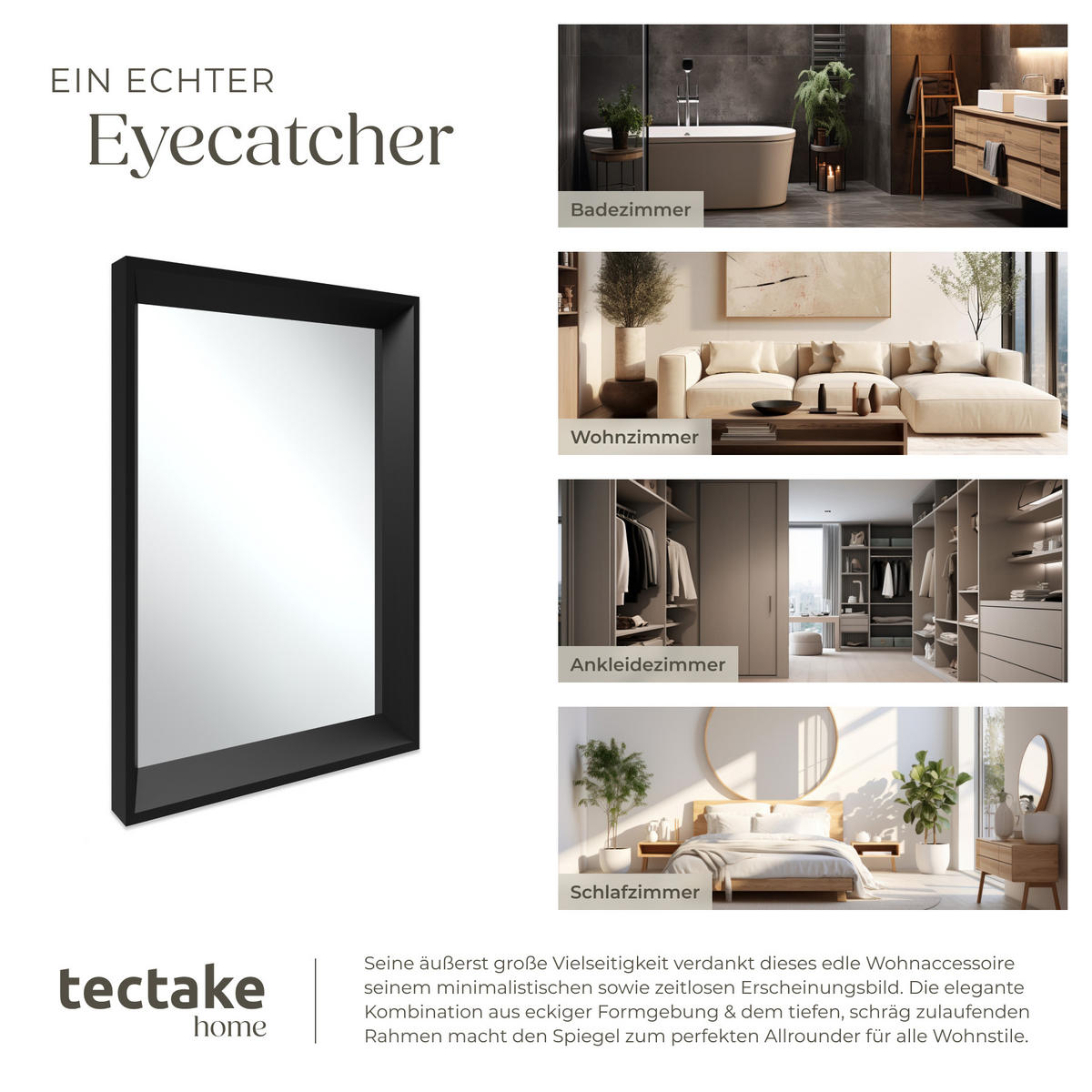 RECHTECKIGER WANDSPIEGEL Elina,integrierte Befestigungshaken,schwarz - Schwarz, Glas (50/70/3.8cm) - tectake