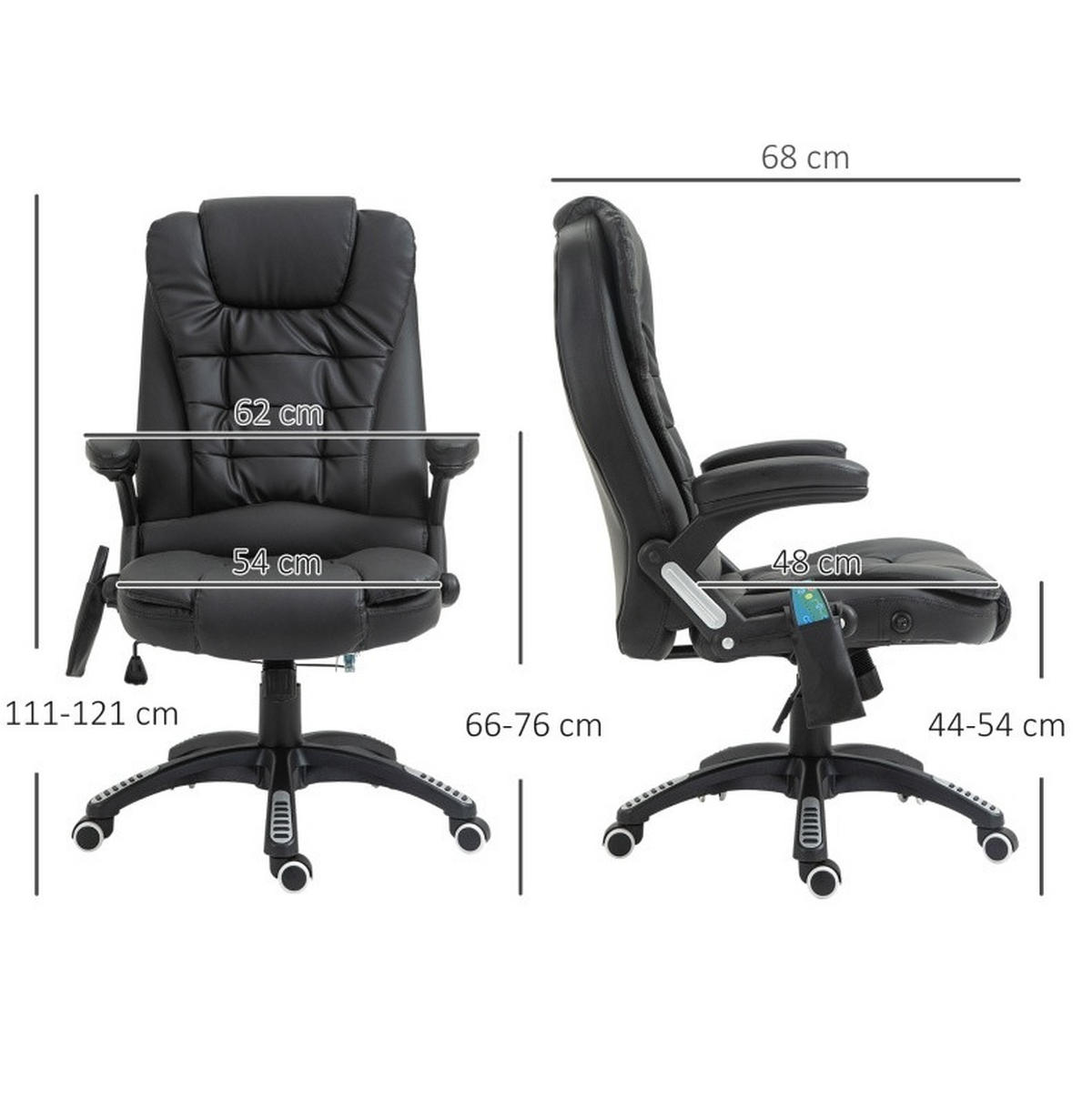 DREHSTUHL 54 cm Sitzbreite, Sitzhöhe 44–54 cm, höhenverstellbar mit Massagefunktion, Kunstleder, 70/70/121 cm, schwarz - Schwarz, Kunststoff (70/121/70cm) - Redom