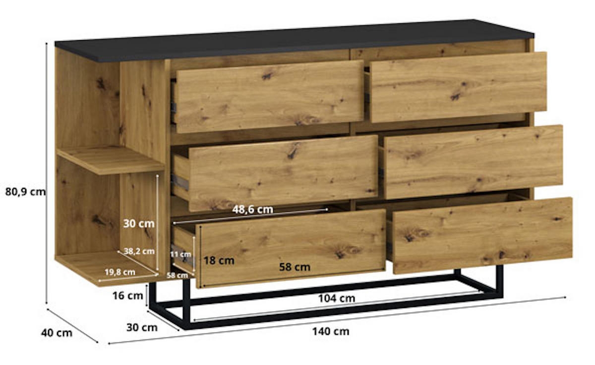 KOMMODE COCO schwarz / Artisan Eiche 140 / 40 / 81 cm - Braun, Holz/Holzwerkstoff (140/81/40cm) - Feldmann-Wohnen