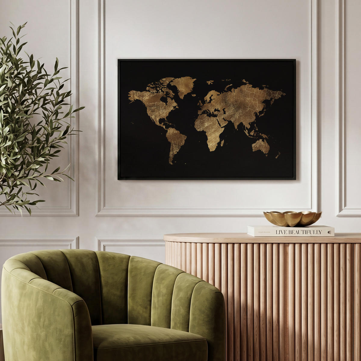 LEINWAND Bilder mit Rahmen - Weltkarte - Gold - Luxus - Erde - Schwarz - 60x40 - Goldfarben, Textil (60/40cm) - MuchoWow