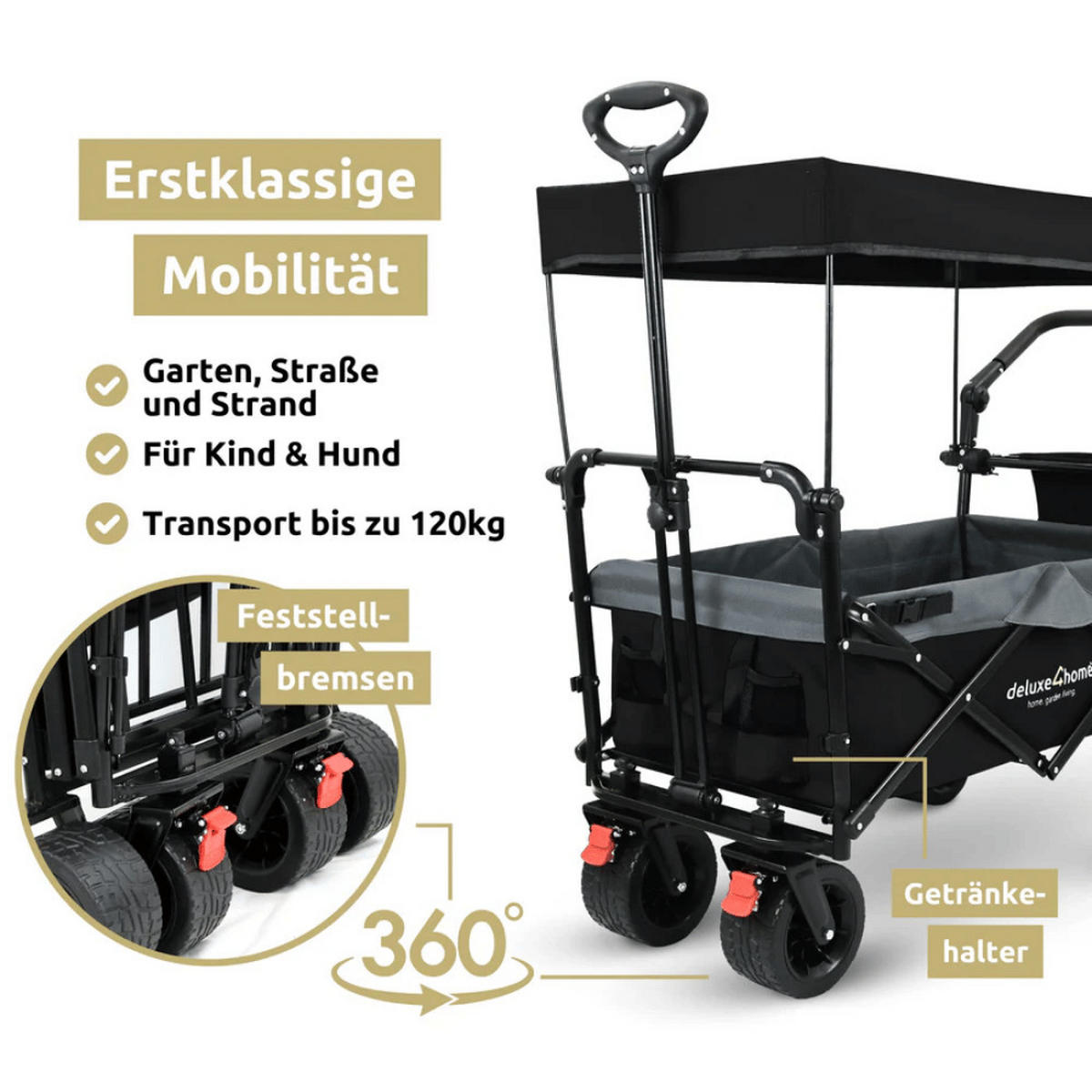 BOLLERWAGEN faltbar mit Dach KILI Extra Breite Reifen Schwarz - Schwarz, Metall (126/109/66cm) - DELUKE