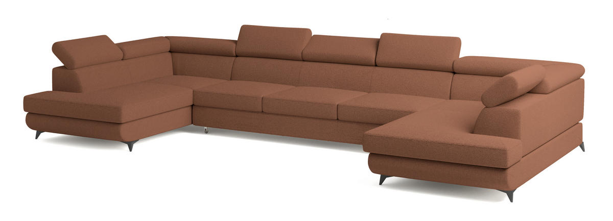 WOHNLANDSCHAFT URMANO Kupferfarben Boucle-Stoff mit Schlaffunktion - Kupferfarben, Holz (395/89/190cm) - MASSENO