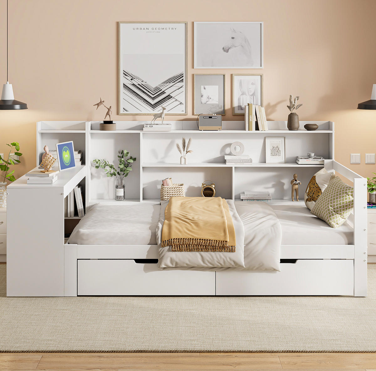 BETT 90/200 cm Weiß aus Massivholz mit Schreibtisch und Stauraum - Weiß, Holzwerkstoff (90/200cm) - Flora Grace