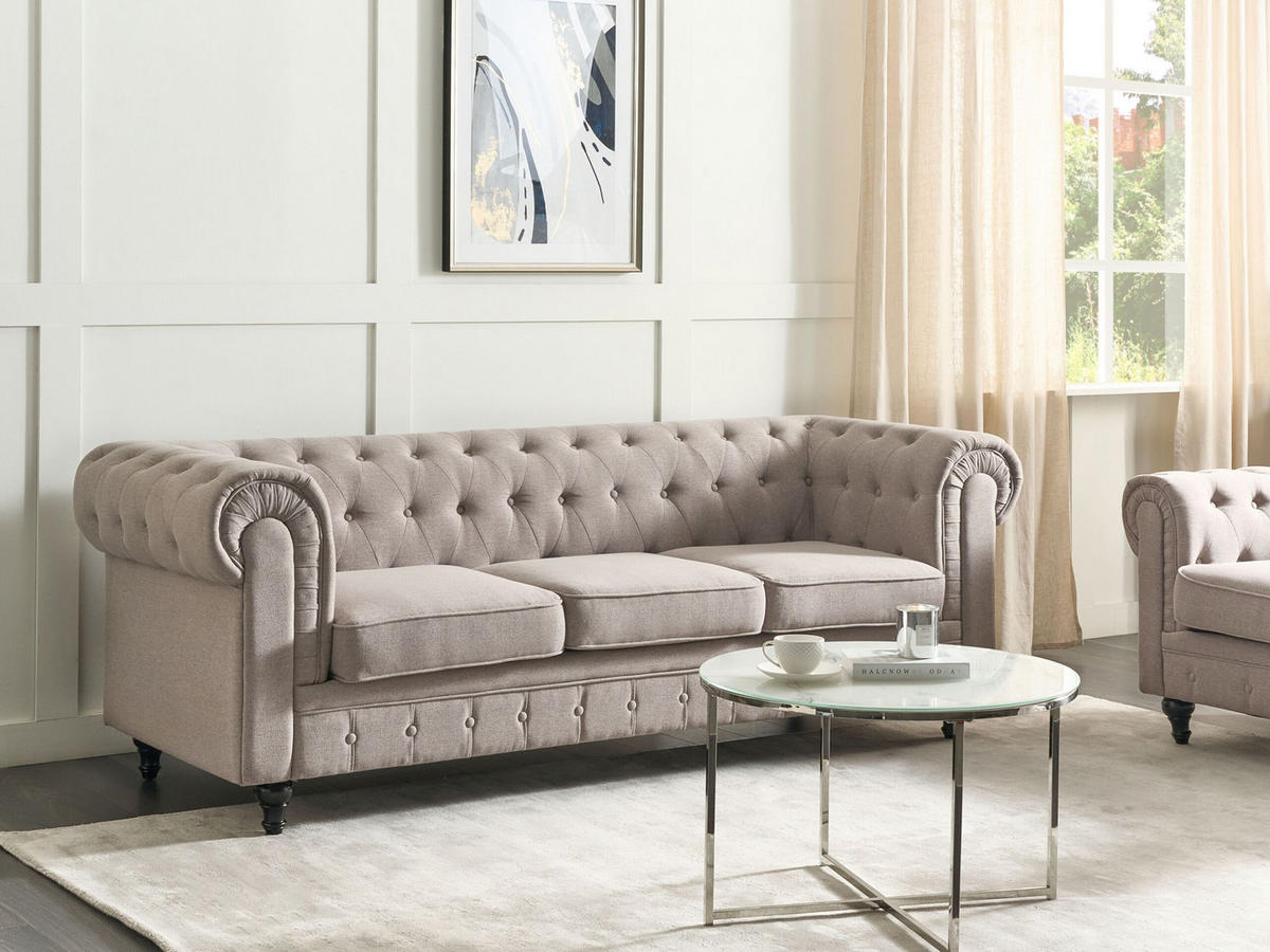 3-SITZER-SOFA Leinenoptik taupe Chesterfield - Beige/Dunkelbraun, Textil (202/70/75cm) - Beliani