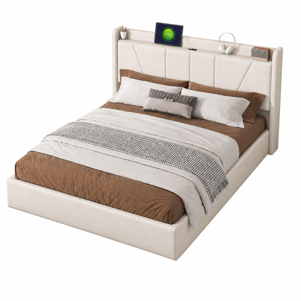 POLSTERBETT 140/200 cm in Beige mit Ladestation & Stauraum, Leinen - Beige, Holz/Metall (140/200cm) - PARAFTA HOME