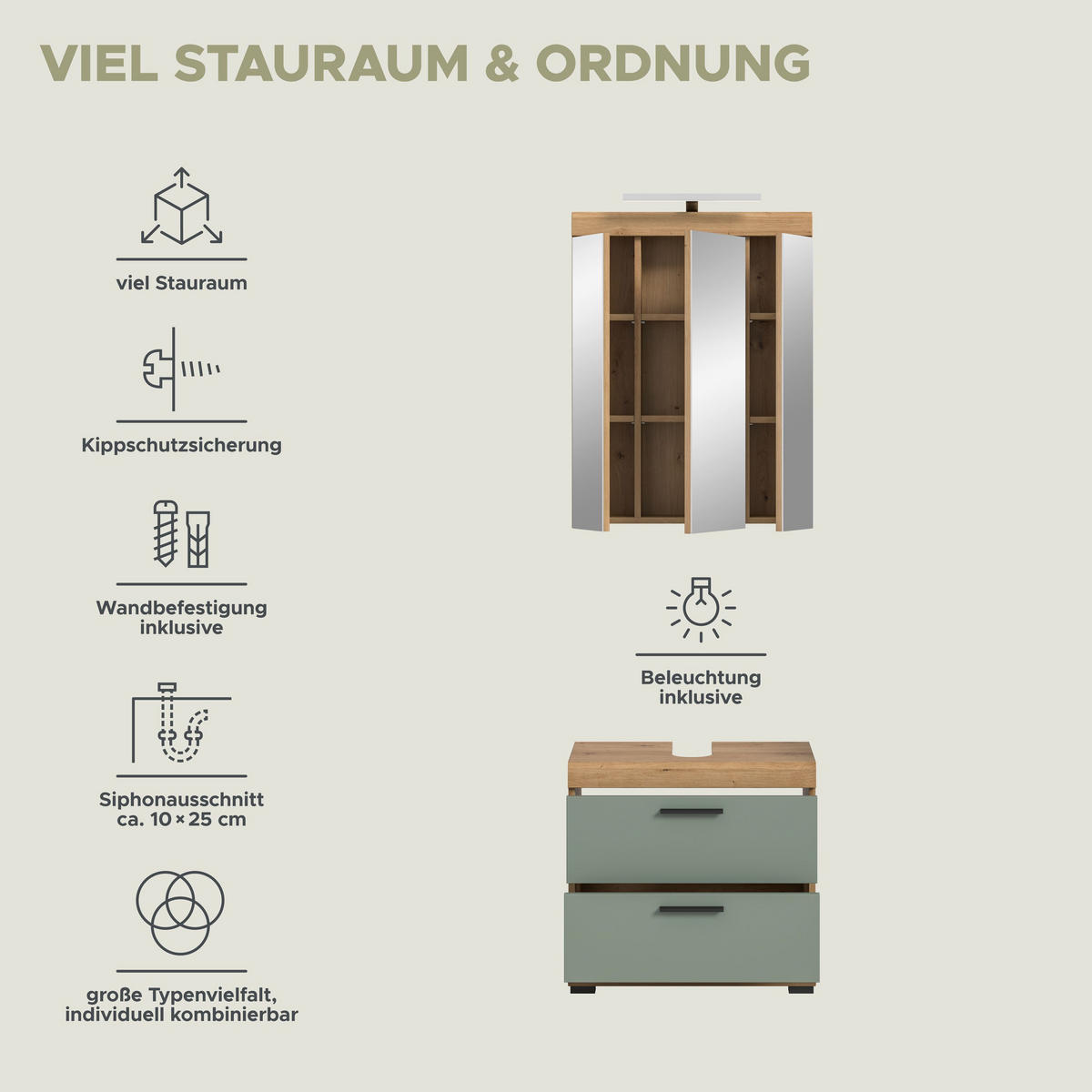 BADKOMBINATION 2tlg. Scout Bad in Artisan Eiche Nachbildung und Salbei Nachbildung B/H/T: 60x191x34 cm - Eiche Artisan, Holz (60/191/37cm)