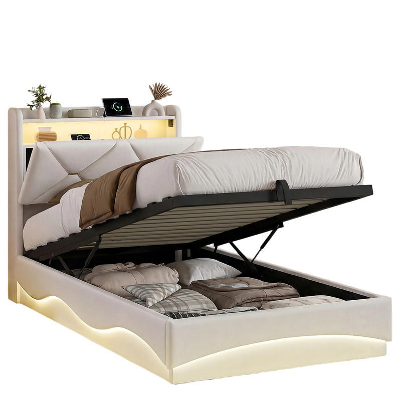 KLÄDD säng 90/200 cm beige linne L-formad LED USB-lådor - Beige, Trä - SHOPENTRA