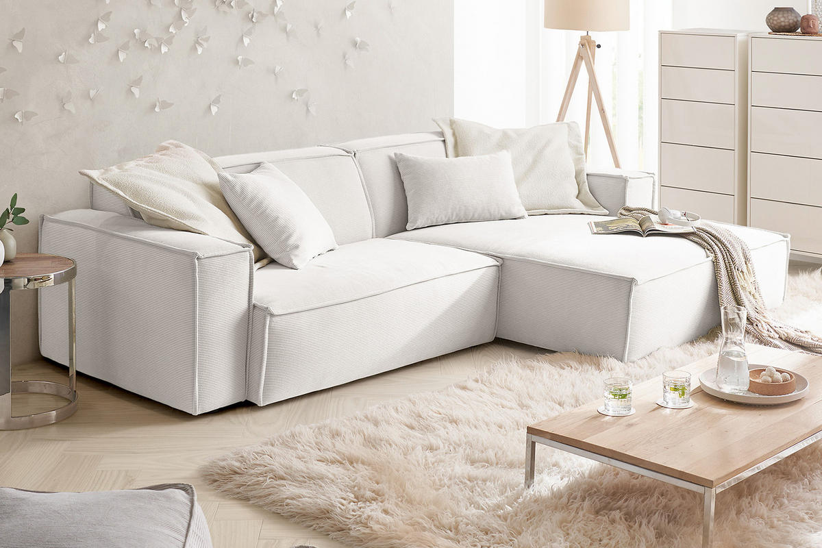 ECKSOFA SAMU Weiß Cord - Schwarz/Weiß, Textil (276/168cm) - KAWOLA