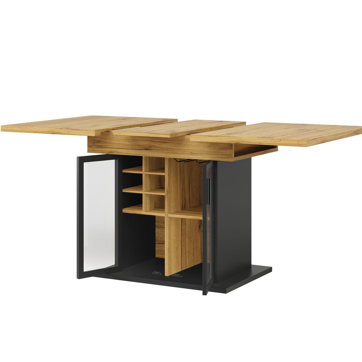 AUSZIEHTISCH 110/80/76 cm Schwarz mit Weinregal-Einsatz und Glastür aus MDF - Schwarz, Holzwerkstoff (110/80/76cm) - OKWISH