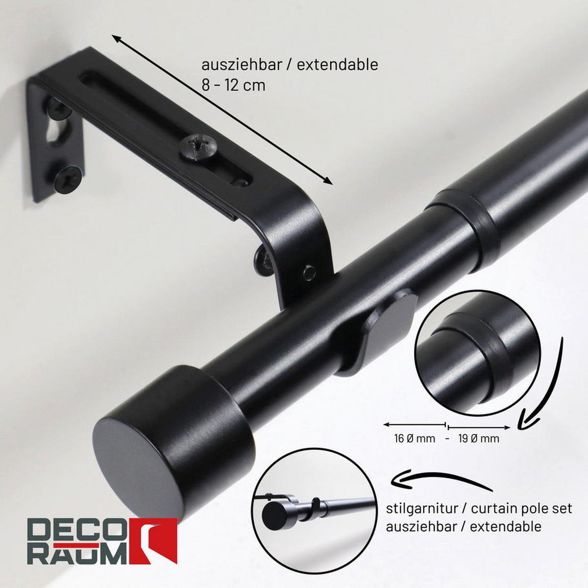 GARDINENSTANGE ausziehbar 120-210cm 1-Lauf Flexa - Schwarz, Metall (120cm) - Deco-Raum