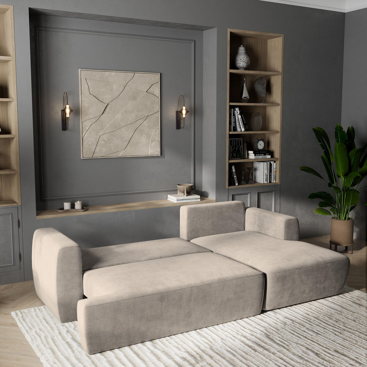 ECKSOFA SENTI K R-S Beige Plüsch-Stoff mit Schlaffunktion - Beige, Holz (246/148cm) - MASSENO