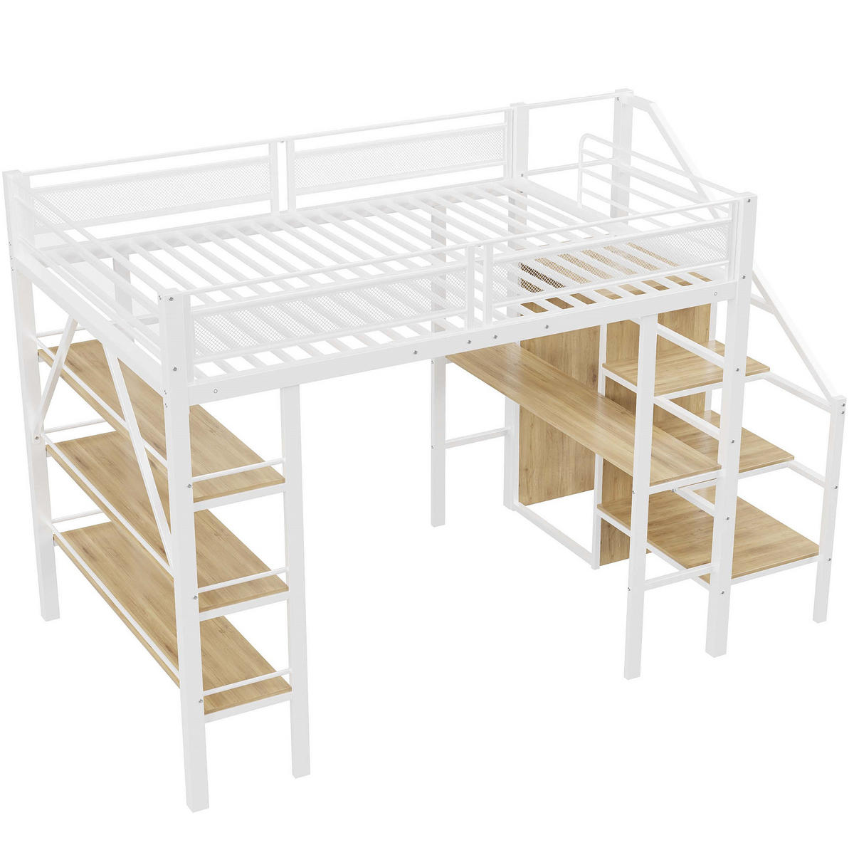 HOCHBETT 140/200 cm in Weiß mit Schreibtisch, Regal, Kleiderschrank und Treppe - Weiß, Metall (140/200cm) - Flora Grace