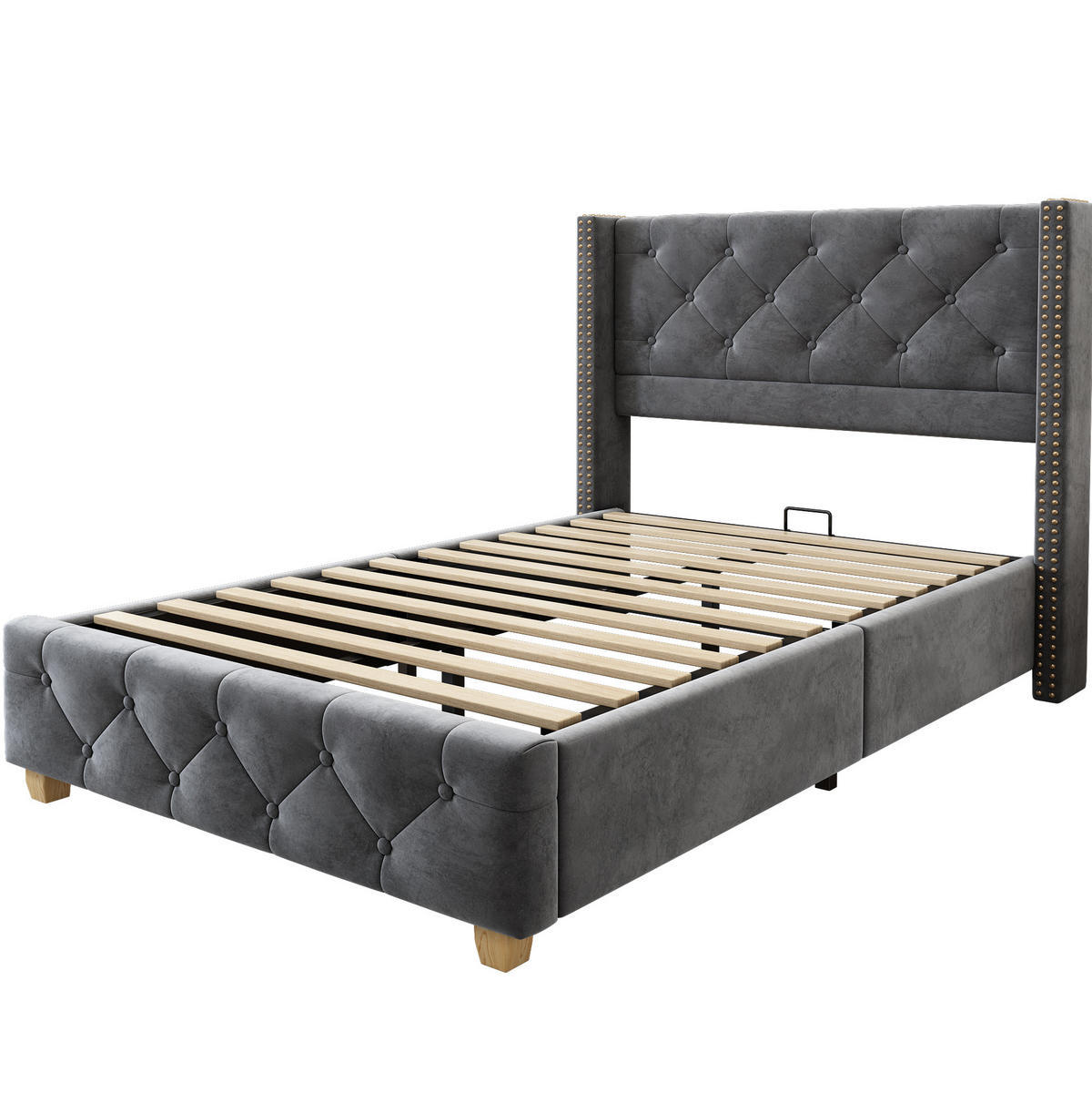 POLSTERBETT 90/200 cm mit Lattenrost, Samtbezug, Knopfheftung und Nietenverzierung, Grau - Grau, Textil (90/200cm) - Redom