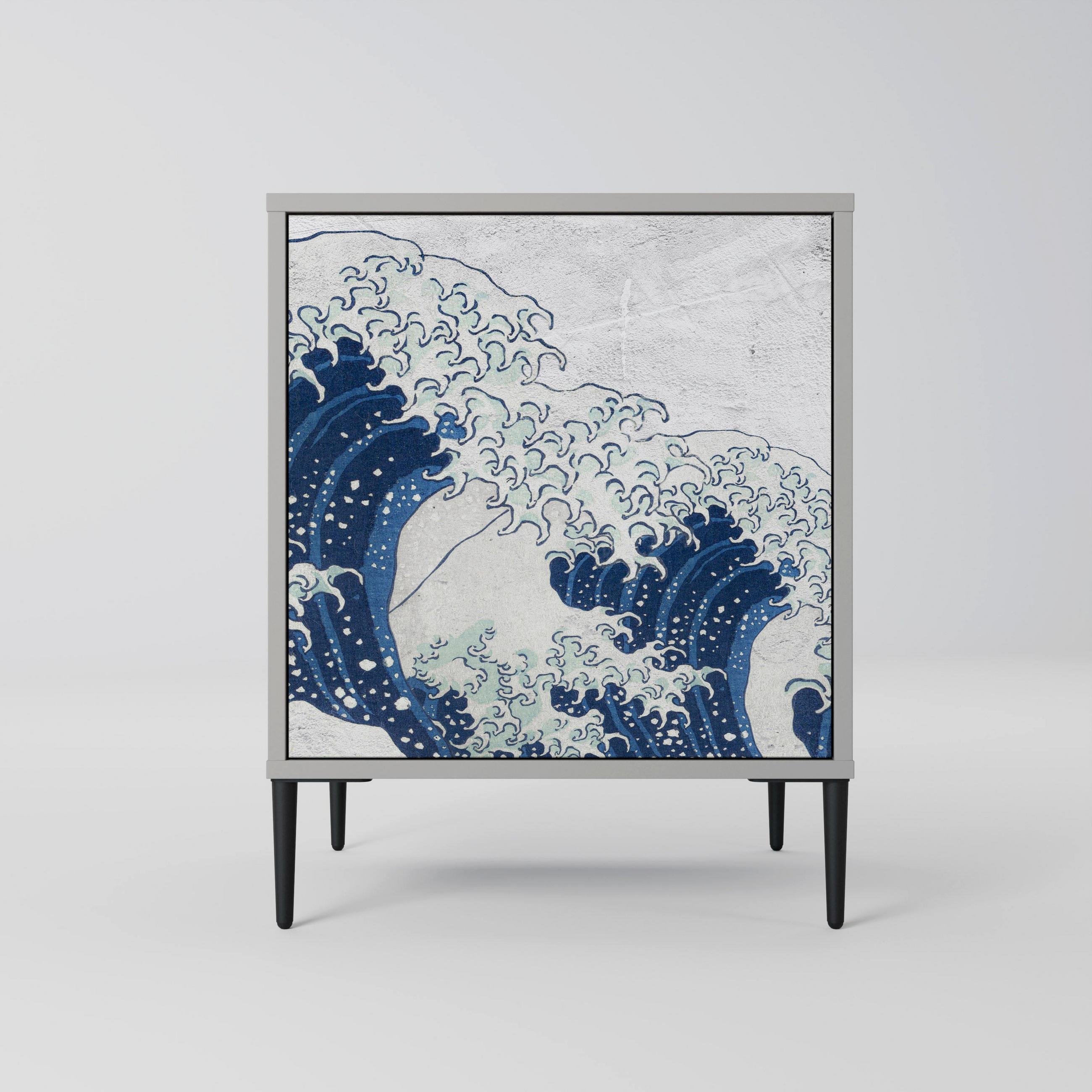 SIDEBOARD THE GREAT WAVE AT KANAGAWA, Grau, 57,5x42x72,5 cm, Schwarze Metallfüße - Multicolor/Schwarz, Holzwerkstoff/Metall (57.5/72.5/42cm) - SpaceRebels