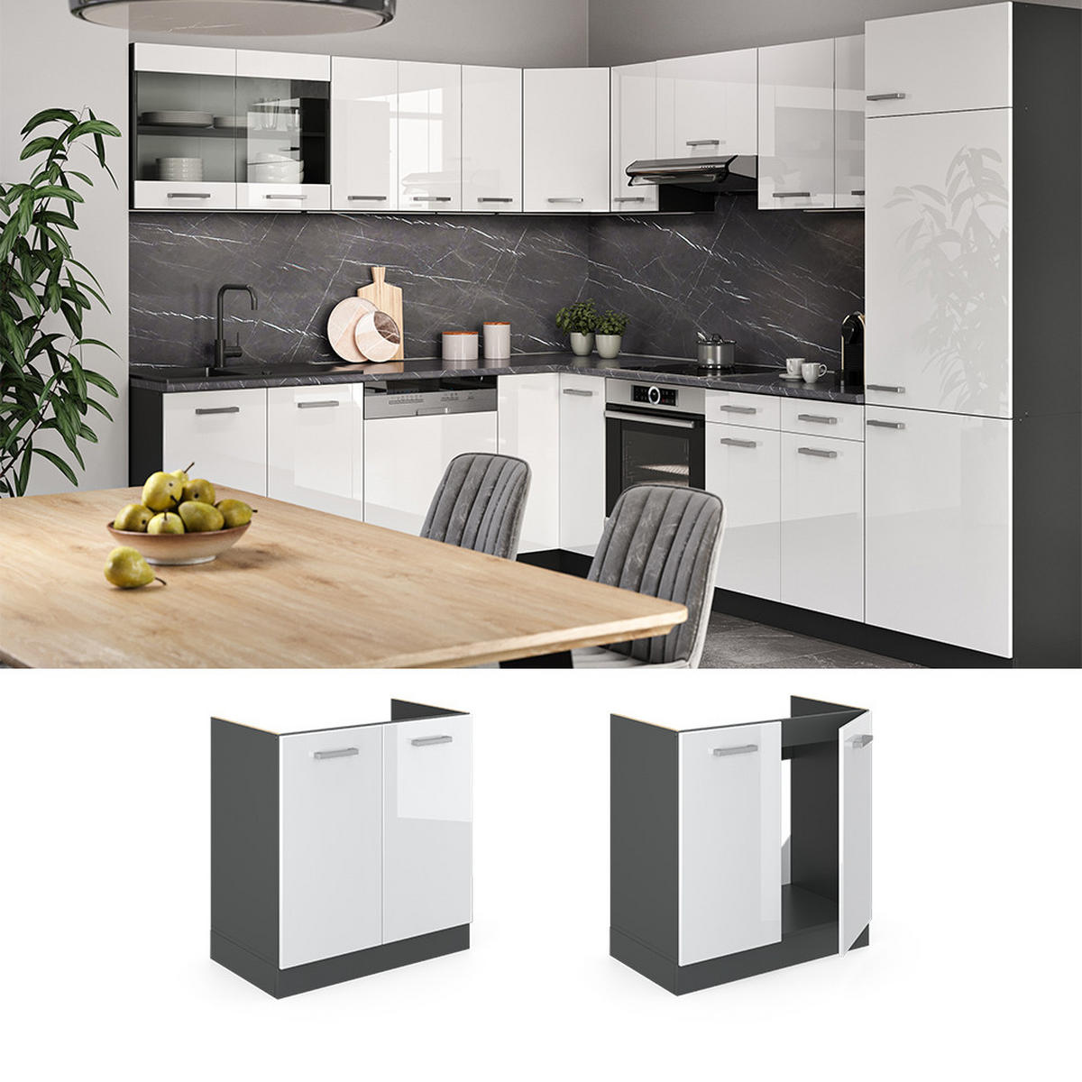 SPÜLENUNTERSCHRANK R-Line Weiß Hochglanz 80 cm ohne AP - Weiß Hochglanz/Anthrazit, Holzwerkstoff (80/81.6/46cm) - Vicco