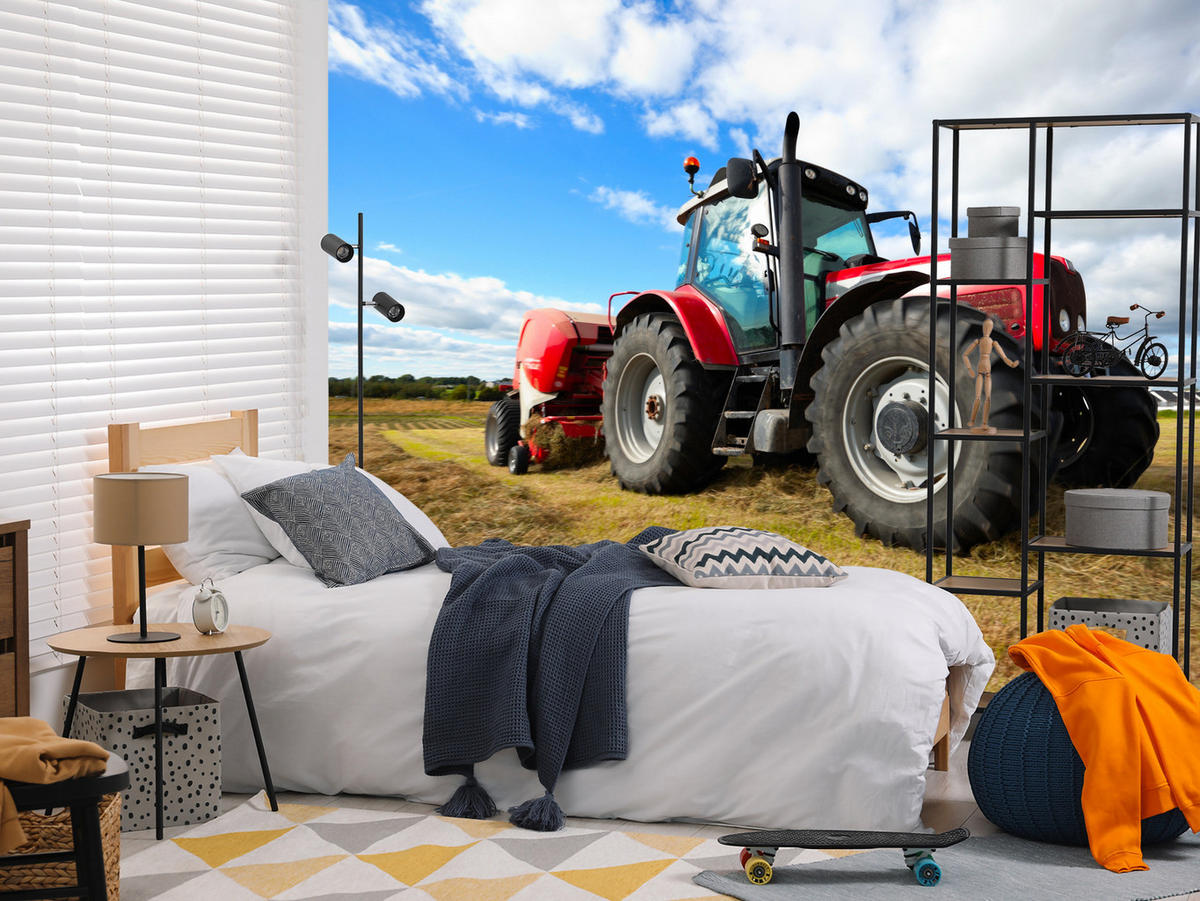 FOTOTAPETA Červený Traktor Pole Žatva Poľnohospodárstvo Rustikálna 300 x 210 cm - hnedá/žltá, papier (300/210cm) - Muralo